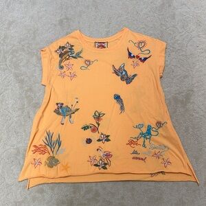 Johnny Was Orange Tee with Colorful Embroidery